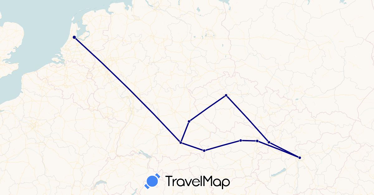 TravelMap itinerary: driving in Austria, Czech Republic, Germany, Hungary, Netherlands, Slovakia (Europe)